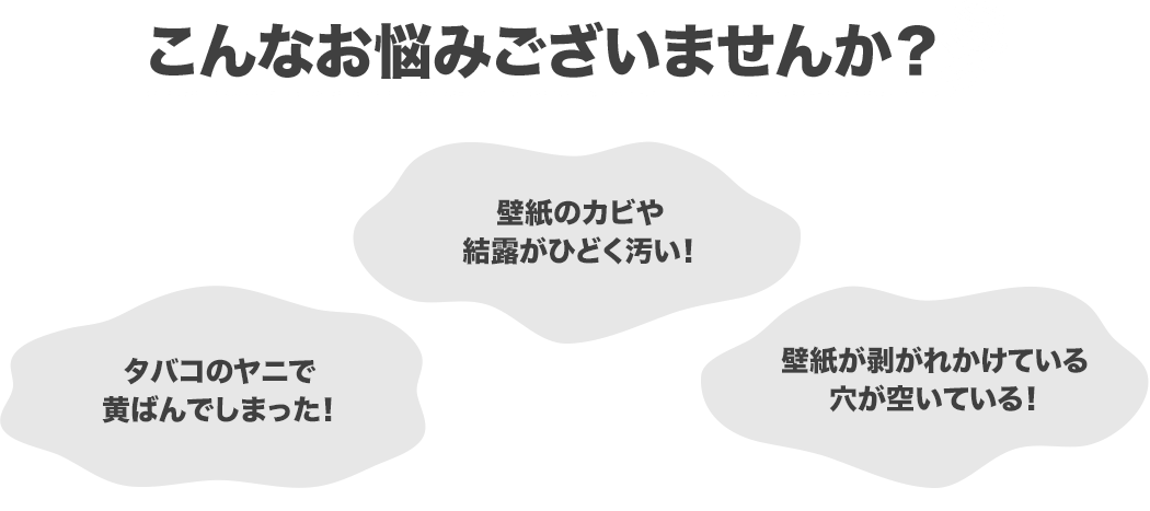 こんなお悩みございませんか？タバコのヤニで黄ばんでしまった！壁紙のカビや結露がひどく汚い！壁紙が剥がれている穴が空いている！